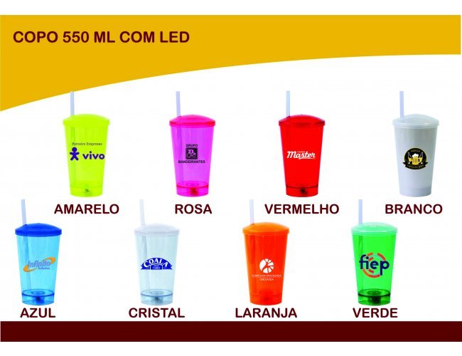 Copo Plstico com tampa e canudo 550ml com Led - DEC 037