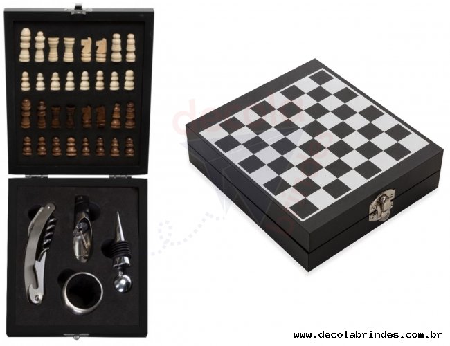 Kit de Acessórios Para Vinho Luxo com Jogo de Xadrez madeira